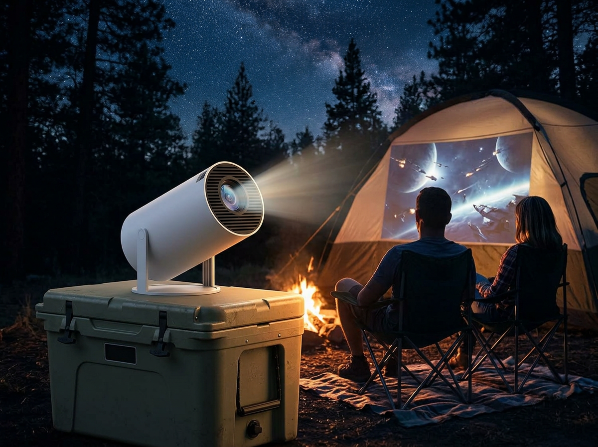 Campers watching a film projected onto a tent under a starry sky