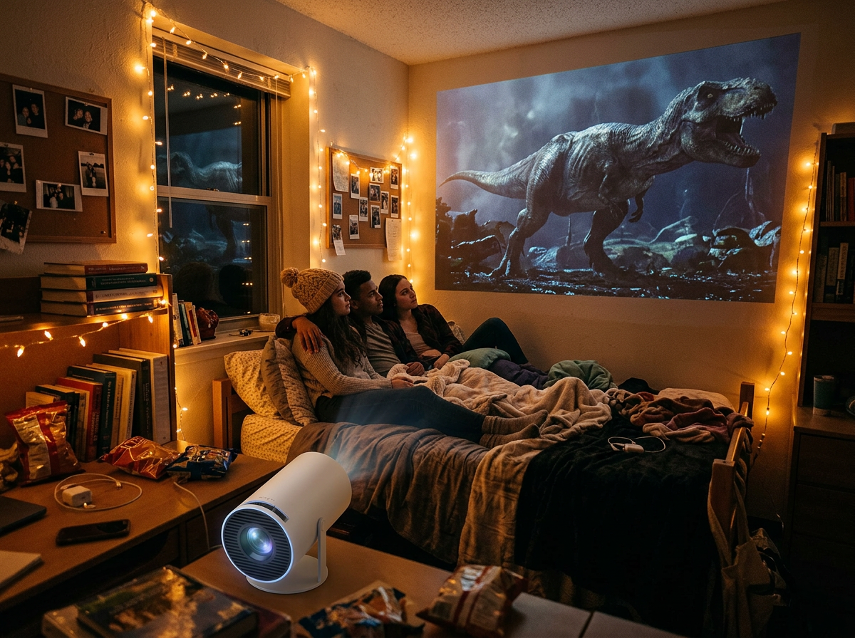 Students watching a movie projected on a dorm room wall
