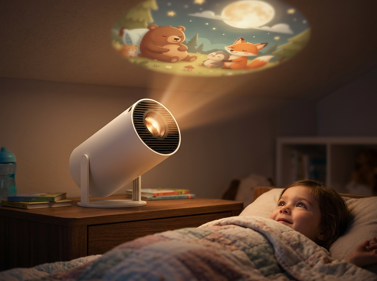 Child in bed watching an animated story projected onto the bedroom ceiling