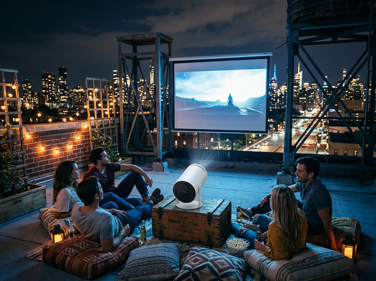 Friends on a city rooftop watching a movie on a projector screen at night